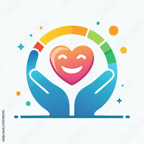 Cheerful Heart Held by Hands with Rainbow Elements Depicting Positivity and Well-being
