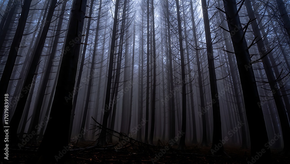 Naklejka premium Dark and mysterious forest with tall trees shrouded in mist