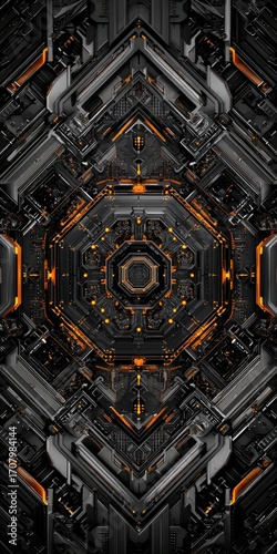 Symmetrical digital artwork depicting a complex, geometric, metallic structure with dark grey and orange accents.  It features a central hexagonal core and radiating patterns, suggesting intricate