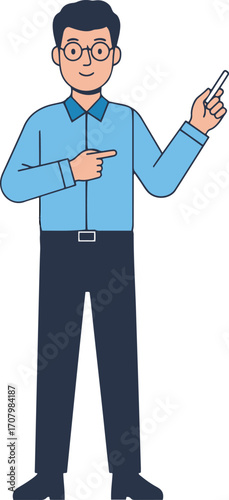 A pixel art illustration depicts a man, possibly a presenter or teacher, standing and gesturing with one hand raised. He's dressed in a light blue shirt and dark pants, his expression serious and focu