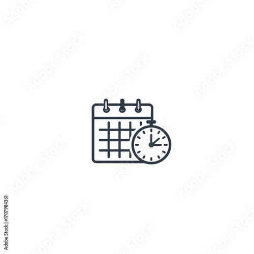 Time management and scheduling thin line vector icon with a calendar and clock, representing planning, appointments, reminders, and deadlines on an isolated background