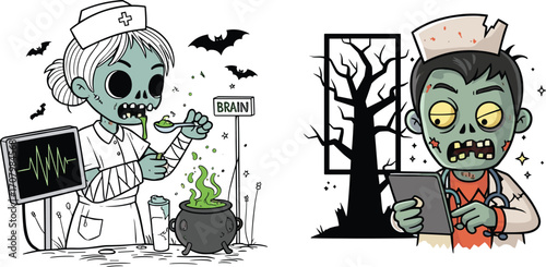 Zombie nurse eating brain soup, spooky Halloween nurse checking tablet, haunted hospital scene, scary cartoon zombies, medical Halloween theme
