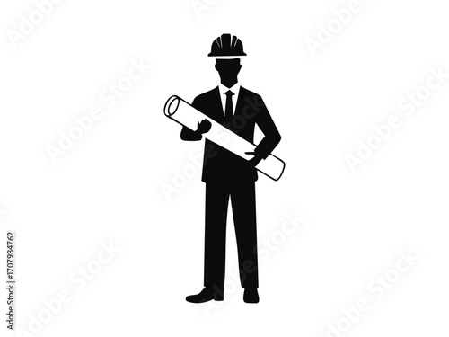 Solid black vector silhouette of an engineer industrial and technical work