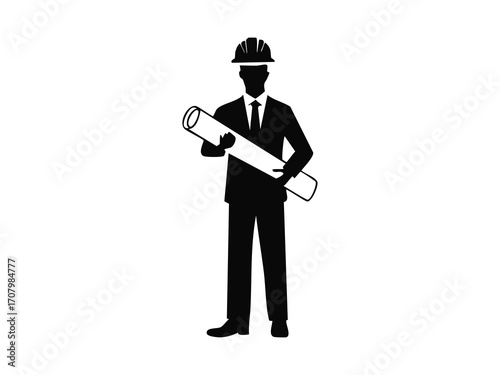 Solid black vector silhouette of an engineer industrial and technical work