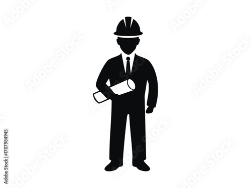 Vector silhouette of an engineer holding blueprint and wearing safety helmet