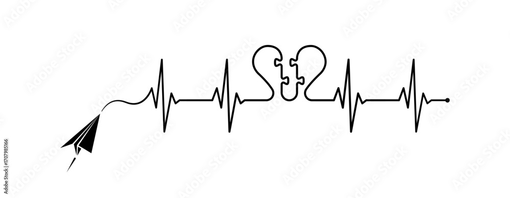 Fototapeta premium Abstract paper plane origami airplane, ekg shape route, puzzle shape heart vector. Creative medical science concept design to use for cardiology, healthcare business, love concept projects.