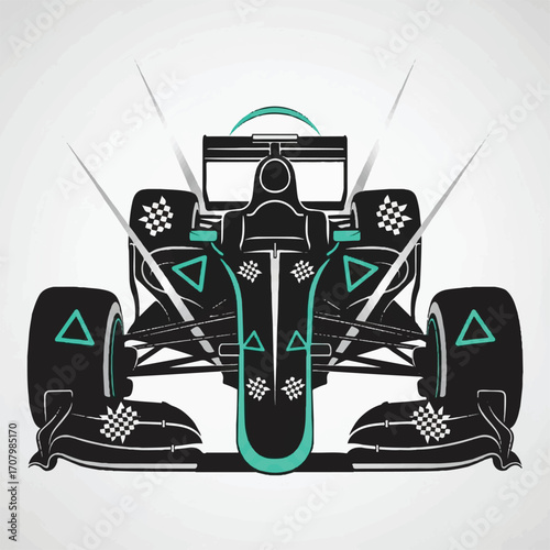 Stylized front view of a black and teal Formula 1 race car with checkered flag details and dynamic accents.