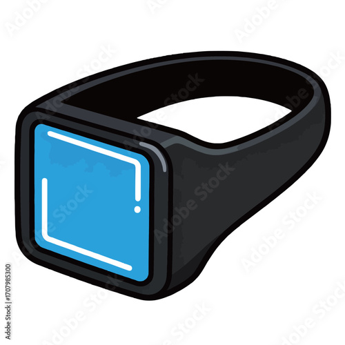 A futuristic and modern cartoon vector of a black smart ring with a glowing blue screen, symbolizing wearable technology, communication, and health tracking.