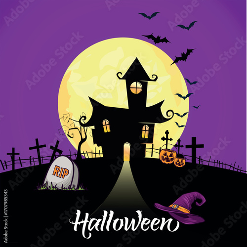 Halloween poster with castle, full moon and graveyard