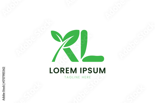 Minimalist green xl logo with leaf elements and lorem ipsum text on clean backdrop