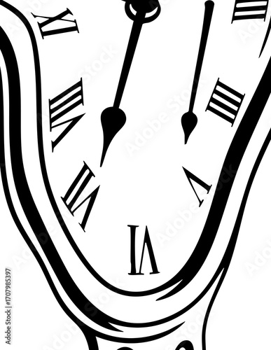 A surreal black and white illustration of a melting clock with roman numerals, symbolizing the abstract and fluid concept of passing time