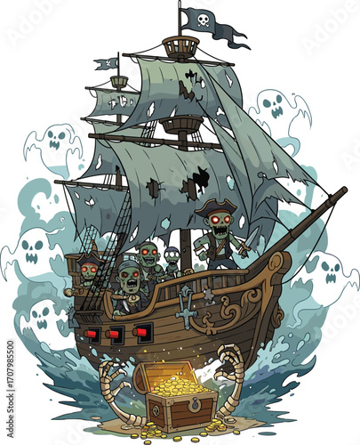 Zombie pirate crew on haunted ship sailing through ghostly sea, glowing treasure chest, spooky atmosphere, tattered sails, eerie adventure