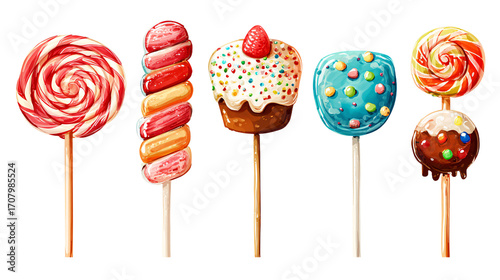 Assorted colorful lollipops and sweets isolated on transparent background