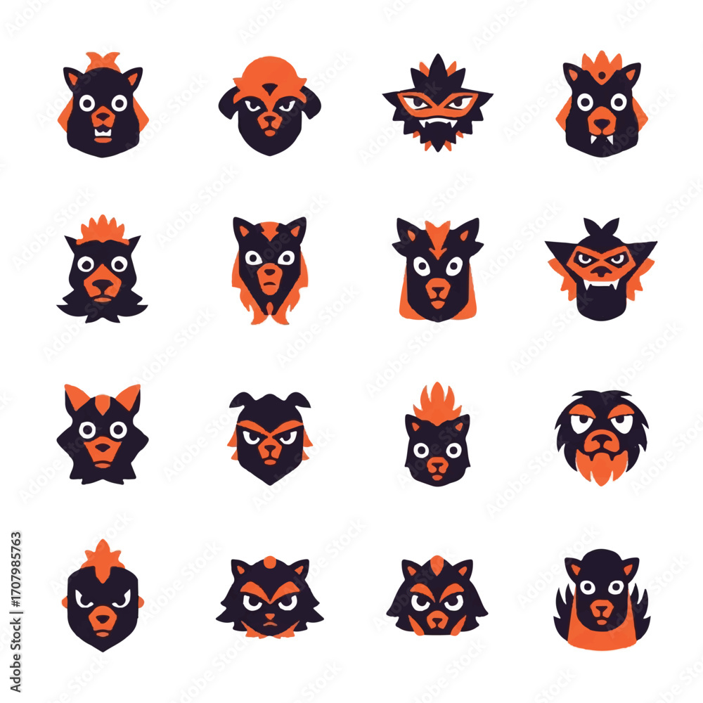 Fototapeta premium Sixteen stylized wolf and dog head icons in orange and black.