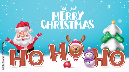 Merry Christmas greeting clipart with Santa Claus, snowman, reindeer, and a festive tree with HO HO HO Cookies. Great for greeting cards, posters, invitations, and seasonal decorations vector illustra