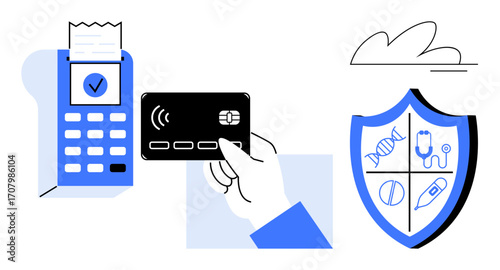 Hand holding card tapping contactless reader with receipt. Shield with healthcare symbols. Ideal for payment, security, finance, technology, healthcare, insurance trust. Simple flat metaphor