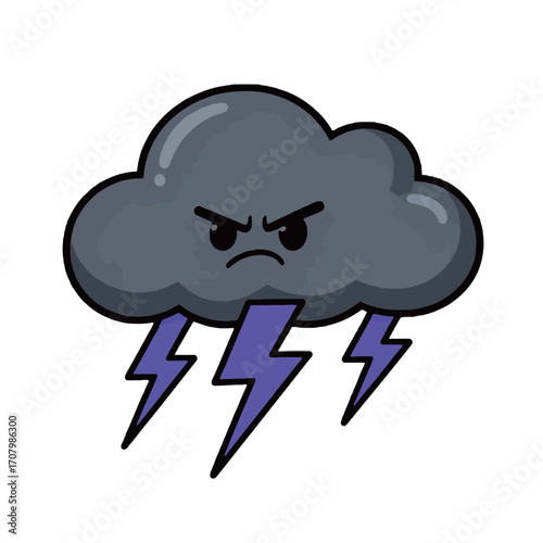 A dynamic and expressive cartoon vector illustration of an angry, stormy gray cloud with purple lightning bolts, symbolizing bad weather, anger, and negative emotions.