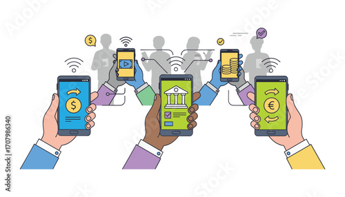 Mobile Finance Network: A vibrant illustration depicts a network of individuals exchanging financial transactions using smartphones, symbolizing modern digital banking and financial connectivity.