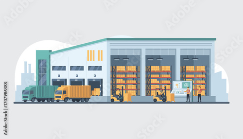Warehouse Logistics Scene: A comprehensive view of a modern warehouse, displaying various aspects of efficient logistical operations, including loading, unloading, and inventory management.