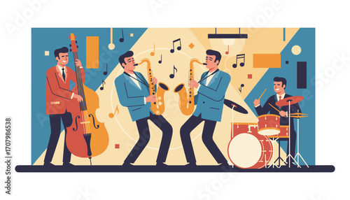 Jazz Band Performance: Energetic illustrated jazz band in action, playing their instruments, capturing the rhythm of the jazz world.