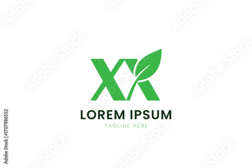 Modern minimalist green xx logo design with leaf element and lorem ipsum text