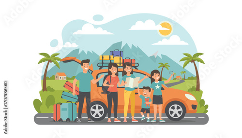 Family's Road Trip Adventure: A vibrant illustration captures a family ready to embark on an exciting road trip, surrounded by luggage, a car, and picturesque landscapes.