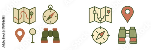 Essential outdoor adventure equipment featuring folded maps, directional compasses, location pins, and binoculars