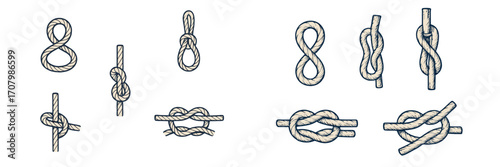 Variety of essential rope knots for maritime, mountaineering, and general outdoor applications, depicted with precision