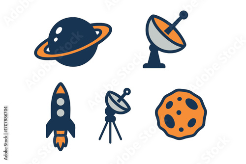 Vibrant space exploration symbols depicting a ringed planet, launching rocket, communication satellite, and asteroid