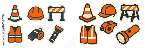 Construction site safety equipment and worker gear collection with traffic cones, hard hats, vests, barriers, whistles, and flashlights