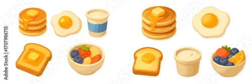 Delicious breakfast food items set with pancakes, eggs, toast, yogurt, and fresh fruit