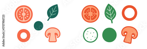 Collection of stylized fresh food ingredients including tomato slices, mushroom, and green spinach leaf for healthy eating