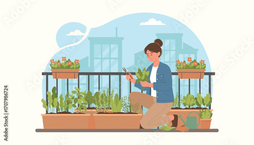 Urban Gardener in Action: A woman cultivates a vibrant balcony garden, nurturing plants amidst a cityscape backdrop, celebrating urban farming and sustainable living.