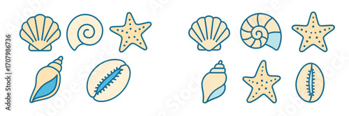 Assortment of colorful marine seashells and starfish icons in a modern flat design style for ocean themes and summer holiday designs