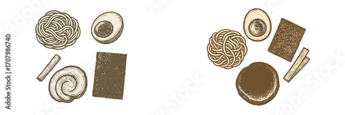 Traditional Asian food ingredients set in vintage style with noodles, sliced egg, and dried seaweed
