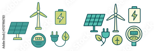 Sustainable energy production and consumption symbols including solar power wind power and electric charging