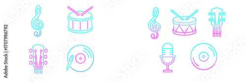 Collection of musical instrument and audio recording equipment line art icons with vibrant gradient colors, including treble clef, drum, guitar, microphone, and vinyl record