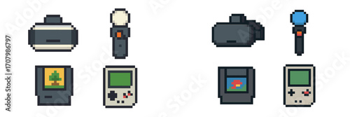 Assortment of modern virtual reality headsets, motion controllers, and vintage handheld gaming consoles with game cartridges