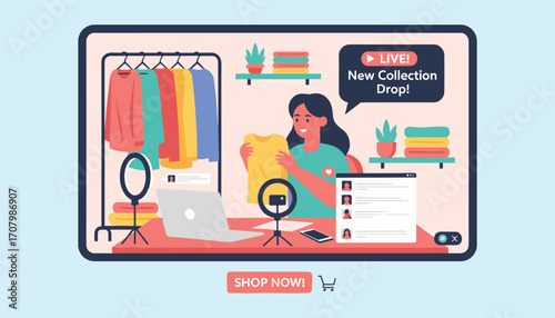 Online Fashion Show: A trendy illustration captures a stylish person in a live online fashion show, showcasing new clothing items and engaging with their digital audience.