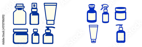 Assortment of cosmetic and pharmaceutical product containers including bottles, jars, tubes, and sprayers
