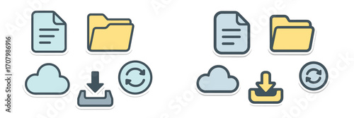 Collection of digital data management icons for cloud storage, file organization, and synchronization processes
