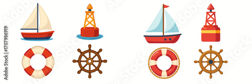 Set of nautical elements including sailboats, marine buoys, lifebuoys, and ship steering wheels for ocean travel and maritime themes