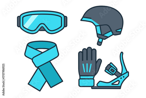 Collection of essential winter sports accessories including ski goggles, protective helmet, warm scarf, snowboard binding, and insulated glove for cold weather activities