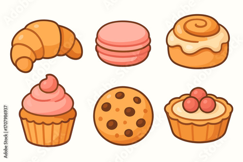 Delicious assortment of freshly baked goods and sweet treats including croissants, macarons, cinnamon rolls, cupcakes, cookies, and fruit tarts