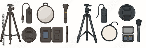 Collection of essential photography equipment and camera accessories for professional and amateur photographers