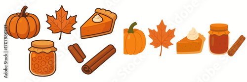 Autumn harvest elements with pumpkins, vibrant maple leaves, delicious pumpkin pie, sweet jam, and aromatic cinnamon sticks for fall season designs and Thanksgiving celebrations