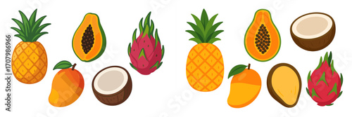 Colorful assortment of vibrant tropical fruits including pineapple, papaya, mango, dragon fruit, and coconut on a white background
