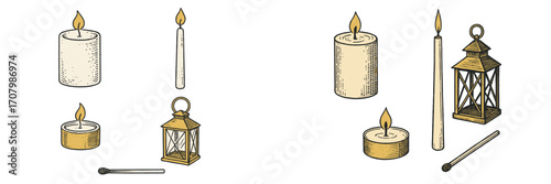 Assortment of burning candles, elegant decorative lanterns, and simple wooden matches providing light and ambiance