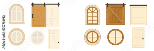 Collection of diverse architectural elements featuring various styles of windows and doors for interior and exterior design projects