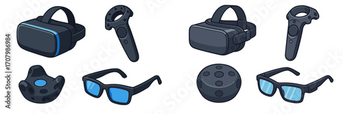 Modern virtual reality and augmented reality devices with controllers and smart glasses for immersive digital experiences